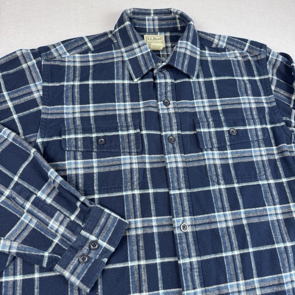 LL Bean Chamois Shirt Men L Tall Blue Plaid Workwear Flannel Long Sleeve Pockets